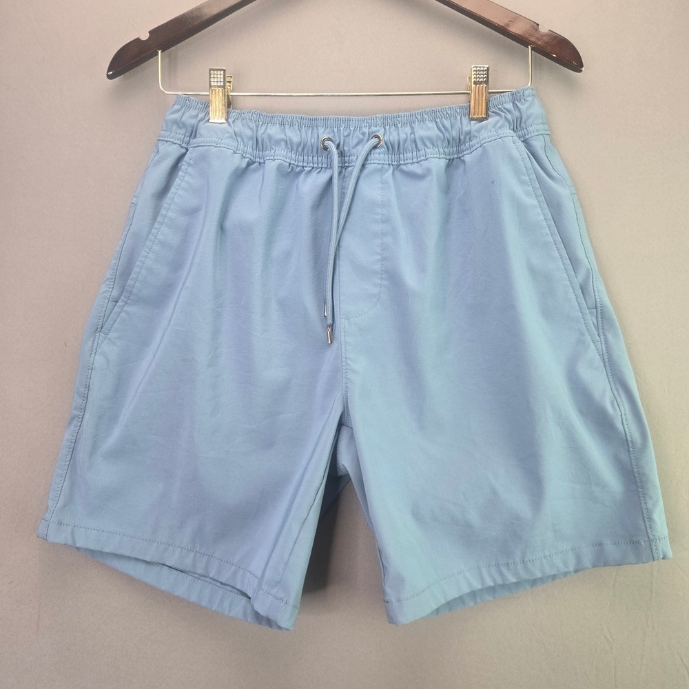 Mens Casual Shorts Elastic Waist Drawstring Size S Light Blue Zipper Pocket